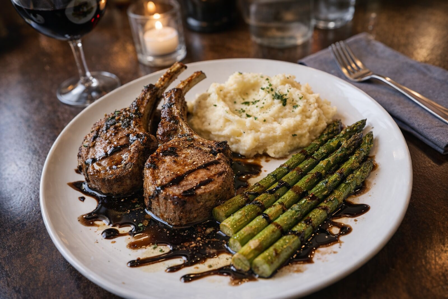 An overhead shot of a plated meal featuring pan-seared lamb chops, creamy mashed potatoes, roasted asparagus, and a drizzle of balsamic glaze, in a restaurant setting with soft lighting